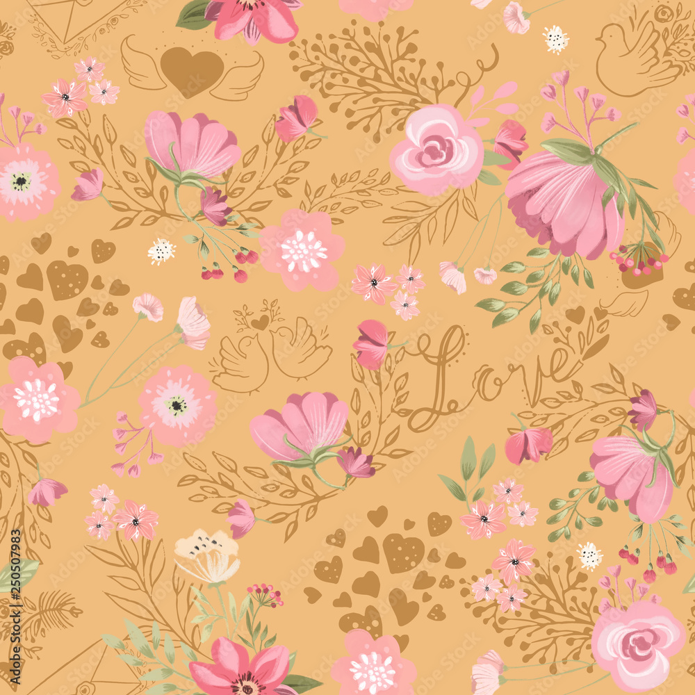 Beautiful, seamless, tileable pattern with watercolor flowers, love pigeons and hearts background