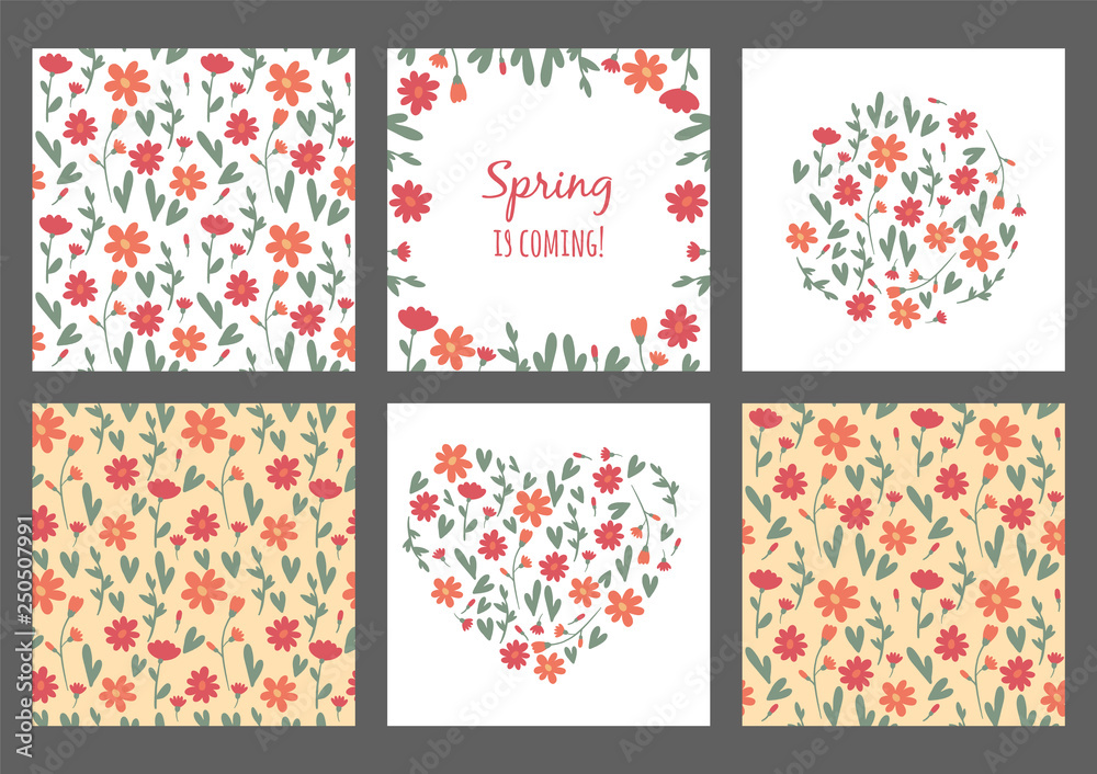 Set of hand drawn set of flowers and leaves. Vector artistic seamless patterns and frames, hearts with florals. Sping illustration. Sketch for wrapping paper, textile. Set of hand drawn set of flowers and leaves. Vector artistic seamless patterns and frames, hearts with florals. Sping illustration. Sketch for wrapping paper, textile.