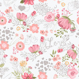 Beautiful, seamless, tileable pattern with watercolor flowers, love pigeons and hearts background
