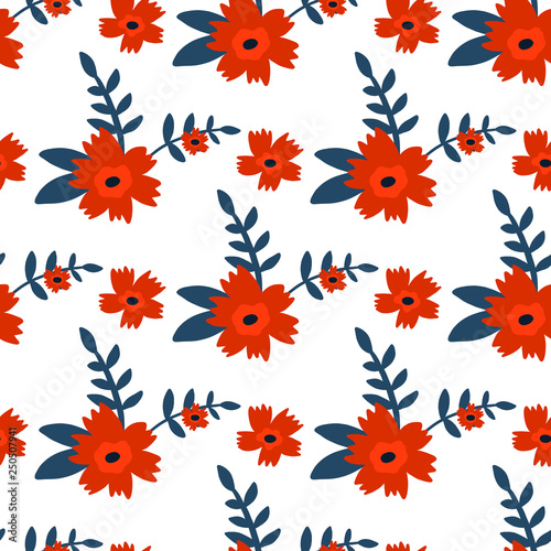 Floral hand drawn seamless color pattern. Cartoon texture with cute flowers and leaves. Floral ornament in scandinavian style. Sketch for wrapping paper  textile  background vector fill.