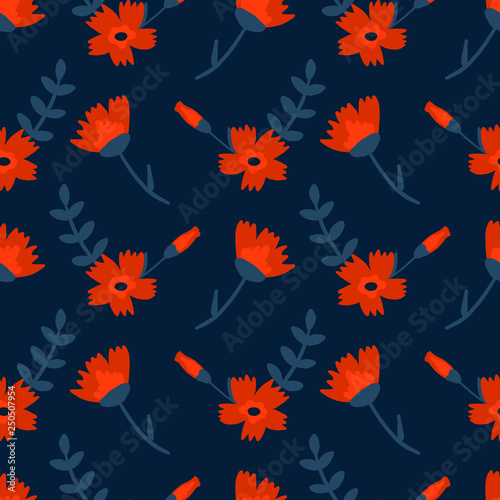 Floral hand drawn seamless color pattern. Cartoon texture with cute flowers and leaves. Floral ornament in scandinavian style. Sketch for wrapping paper, textile, background vector fill.