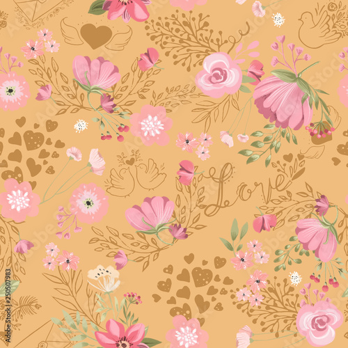 Beautiful, seamless, tileable pattern with watercolor flowers, love pigeons and hearts background © creationsofanna
