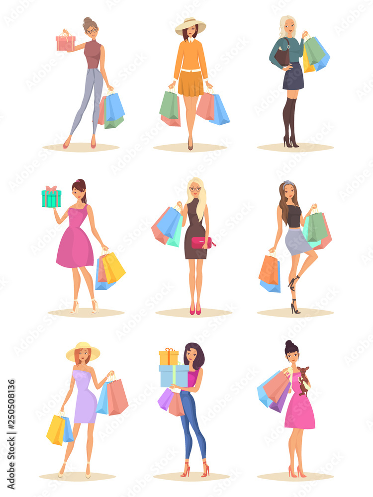 Set of isolated women with bags after shopping