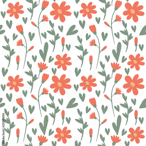 Floral hand drawn seamless color pattern. Cartoon texture with cute flowers and leaves. Floral ornament in scandinavian style. Sketch for wrapping paper, textile, background vector fill. © reddish