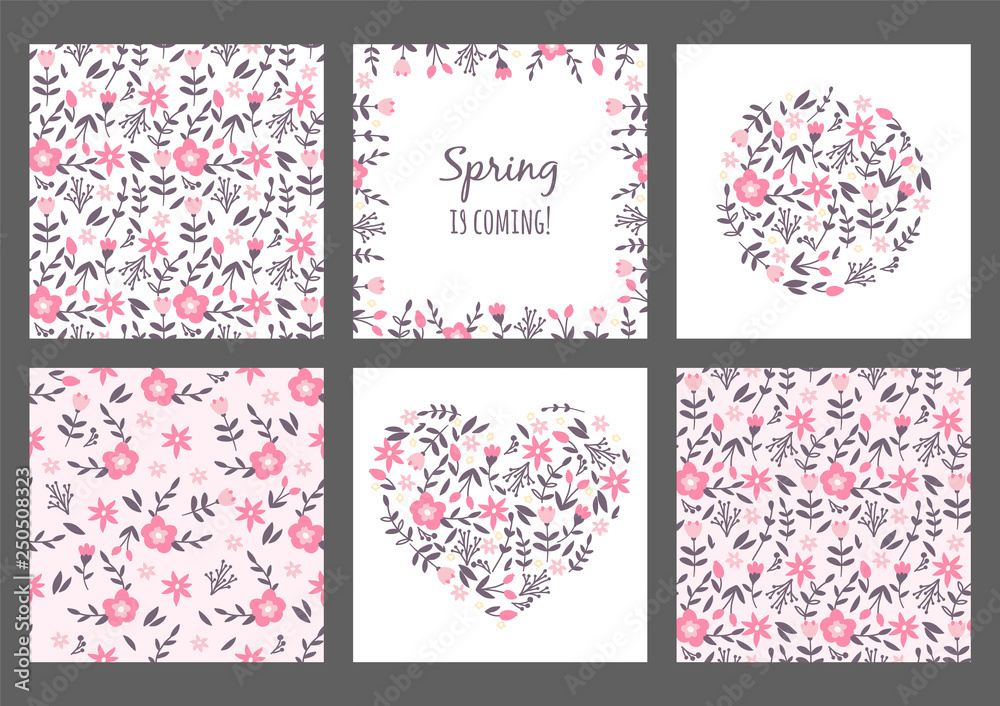 Set of hand drawn set of flowers and leaves. Vector artistic seamless patterns and frames, hearts with florals. Sping illustration. Sketch for wrapping paper, textile.