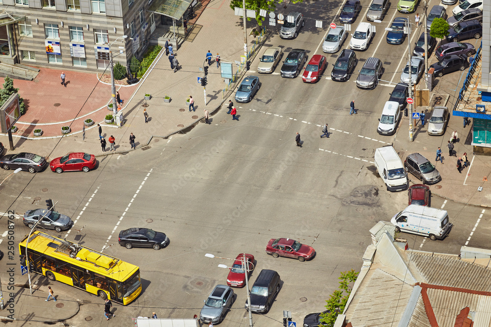 aerial view of cars and people