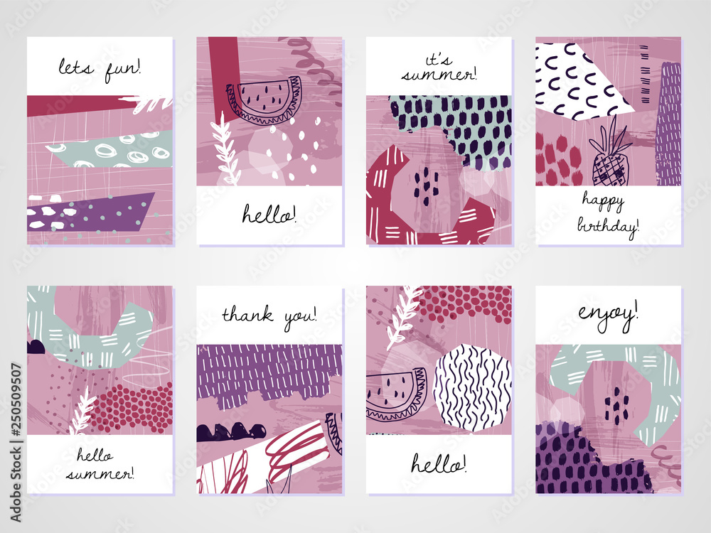 Obraz premium Abstract colorful collage backgrounds set. Hand drawn templates for card, flyer and invitation design. Vector illustration.