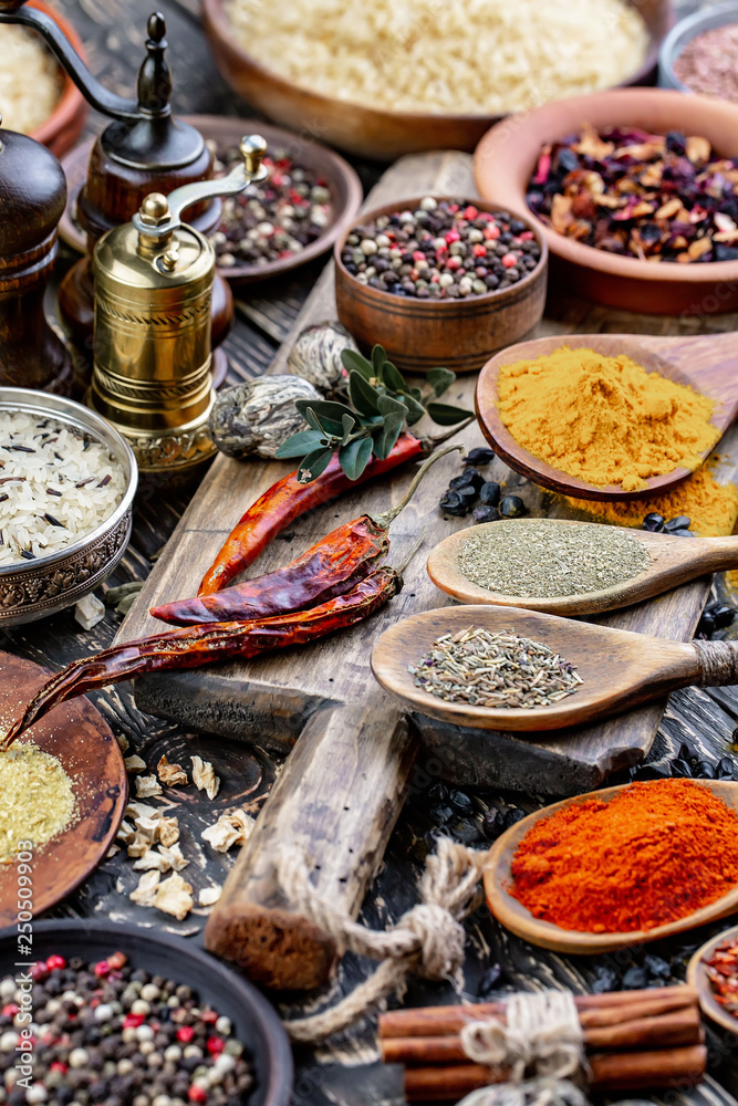 Spices and seasonings for cooking in the composition on the table Spices and seasonings for cooking in the composition on the table