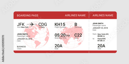 Red boarding pass isolated on a gray background. Vector illustration.