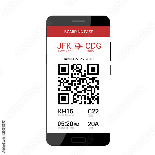 QR code on the screen of a smartphone for saving a boarding pass to travel on the plane. Flat design. Vector illustration