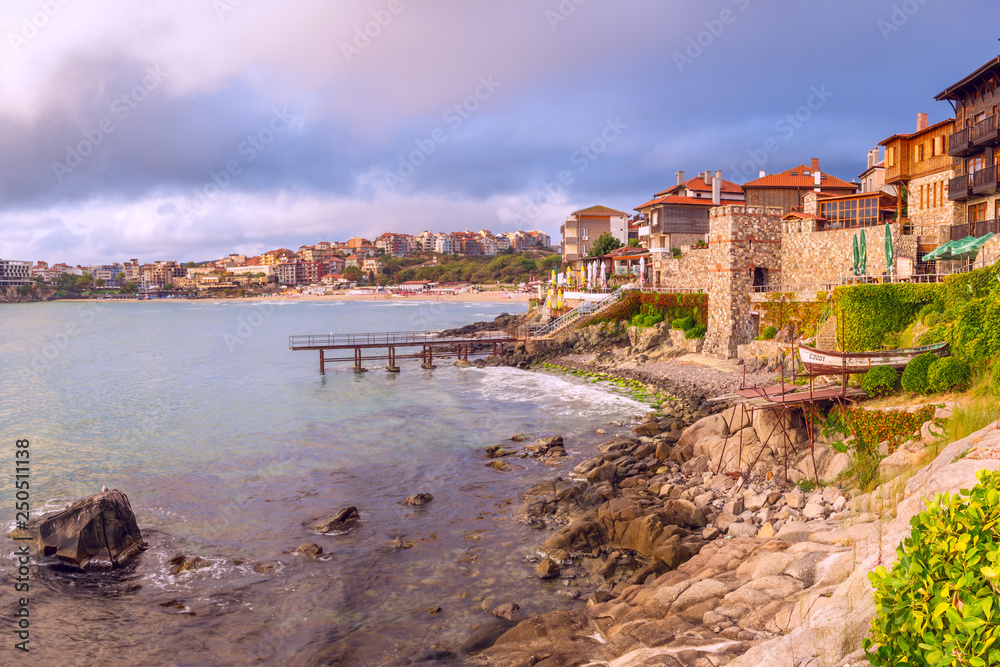 Coastal landscape - embankment with fortress wall in the city of Sozopol on the Black Sea coast in Bulgaria