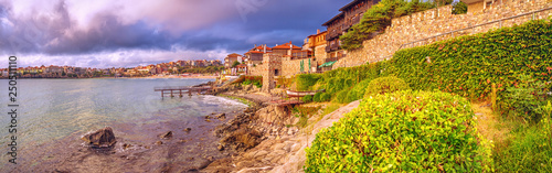 Coastal landscape, panorama, banner - embankment with fortress wall in the city of Sozopol on the Black Sea coast in Bulgaria