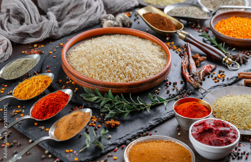 Spices and seasonings for cooking in the composition on the table Spices and seasonings for cooking in the composition on the table