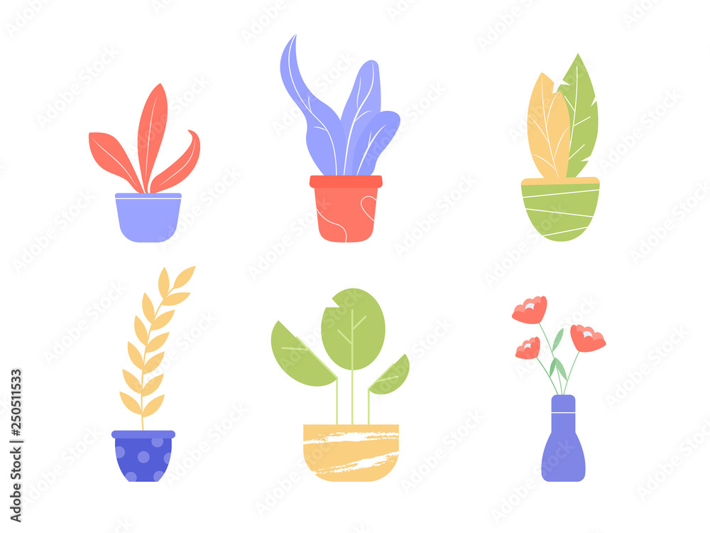 Set of different flowers and plants in pots. Vector illustration isolated on white background. Set of different flowers and plants in pots. Vector illustration isolated on white background.