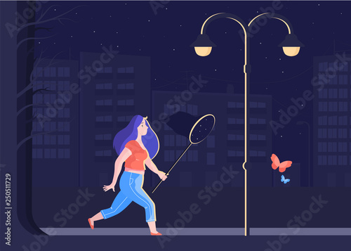 The girl goes through the night city. In the light of a street lamp. Holds a butterfly net. In search of a dream, on the way to your goal, achievement of success by a woman. Vector illustration.