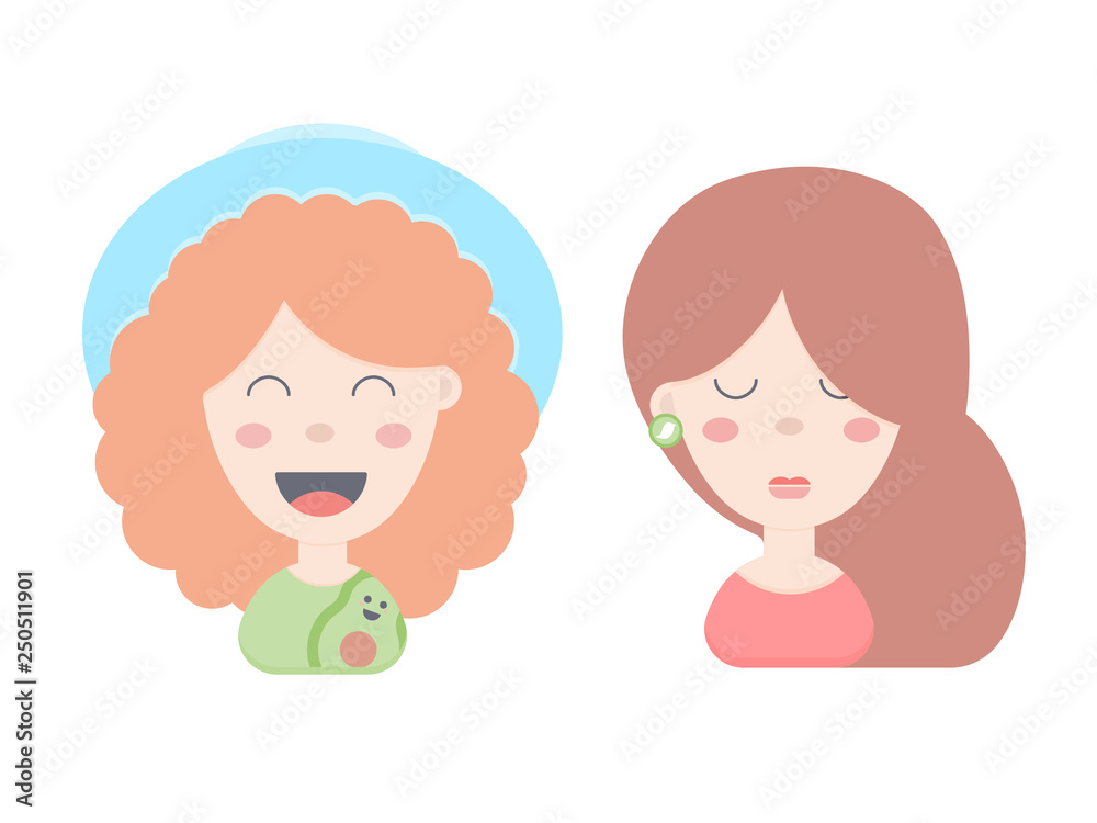 Cute funny girls. Redhead in a hat, brunette in earrings. Heads, avatars. Vector illustration. Cute funny girls. Redhead in a hat, brunette in earrings. Heads, avatars. Vector illustration.