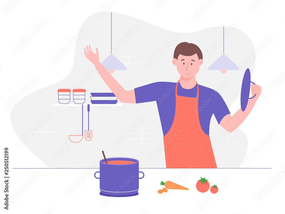 The man in the kitchen. Cook, professional, master of his craft. Brewing soup, delicious dinner. On the background of the kitchen interior: spatula, ladle, plates, lamps. Vector illustration. The man in the kitchen. Cook, professional, master of his craft. Brewing soup, delicious dinner. On the background of the kitchen interior: spatula, ladle, plates, lamps. Vector illustration.