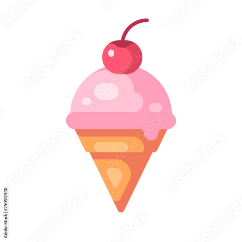 Pink cherry ice cream cone flat icon