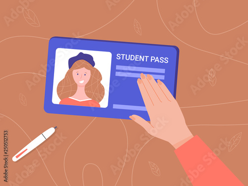 A girl holds a student card with her photo. Hand on a woody background. User verification. Vector illustration.