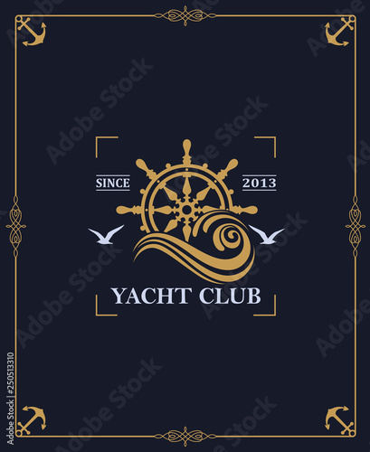 yacht club label isolated on dark background in decorative frame