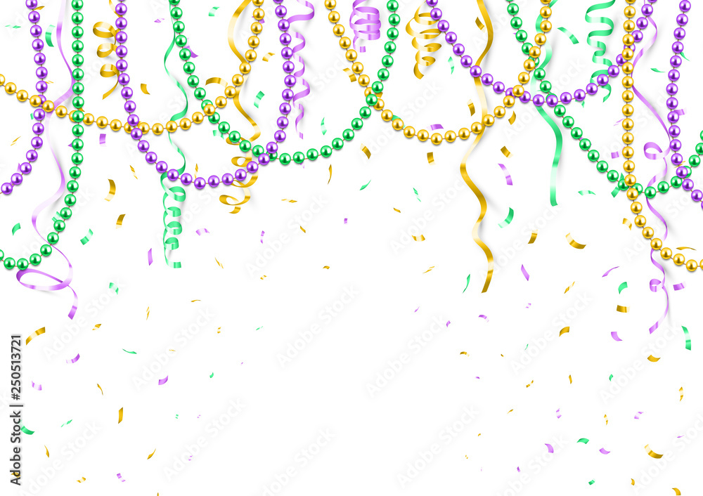 Mardi Gras background template, festive banner, colorful beads and confetti, vector illustration - obrazy, fototapety, plakaty 