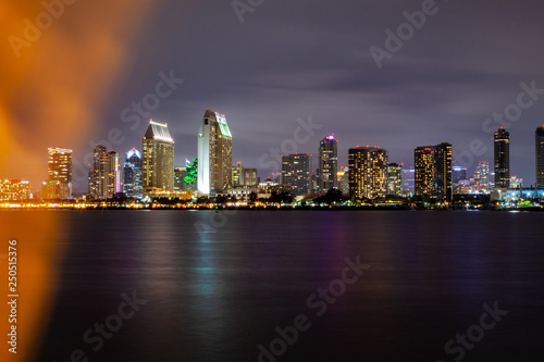 downtown San Diego skyline with light leek