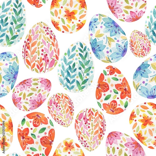 Seamless easter pattern of colorful eggs on a white background. Watercolor