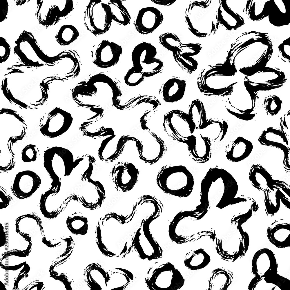 Seamless pattern with abstract amorphous shapes and circles. Vector grunge geometric texture. 