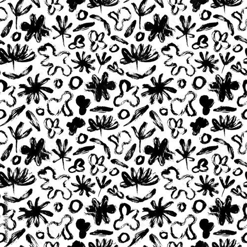 Seamless pattern with abstract flowers, leaves and amorphous shapes. Vector grunge organic texture. 