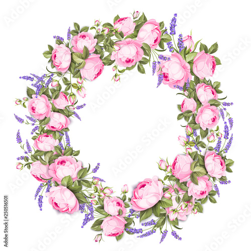 Summer flowers circle frame with cute rose and lavender buds on white background. Rose blossom wreath for marriage invitation card. Border with lavender herbs. Vector illustration.