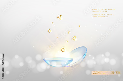 Abstract illustration of blue optical lens on soft golden backdrop. Science equipment over gold abstract background. Vector illustration template.