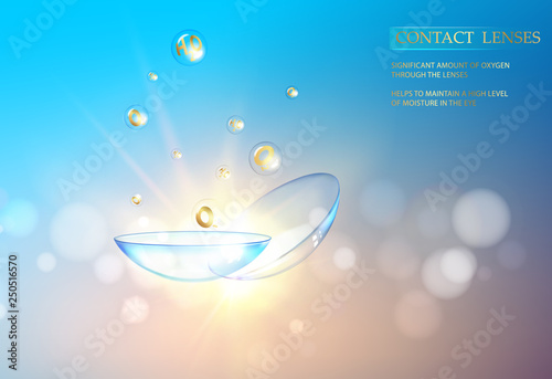 Best blue contact lenses for your eye color. Awesome medical illustration of rain drop over blue science background and text place at the top of image. Vector illustration.