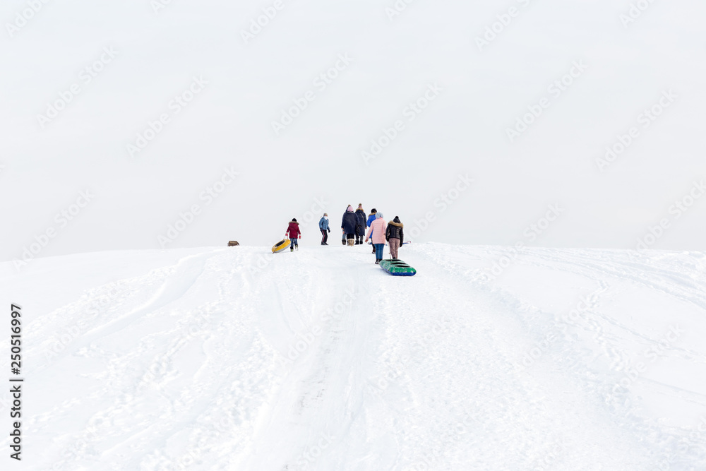 winter, leisure, sport, friendship and people concept - group of happy people sliding on the snow inflatable chambers