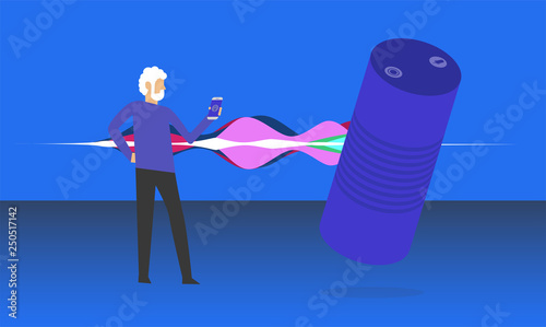 Cartoon picture of Smart speaker, Voice assistant, home automation hub concept in 3D, isometric style and man with smartphone. Vector illustration. EPS 10. 