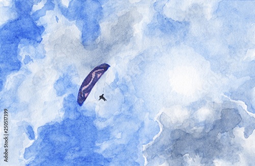Watercolor painting - Paraglider in cloudy sky photo
