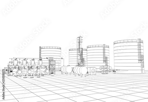 oil refinery  chemical production  waste processing plant  contour visualization  3D illustration  sketch  outline