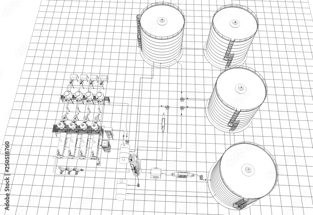 oil refinery, chemical production, waste processing plant, contour visualization, 3D illustration, sketch, outline