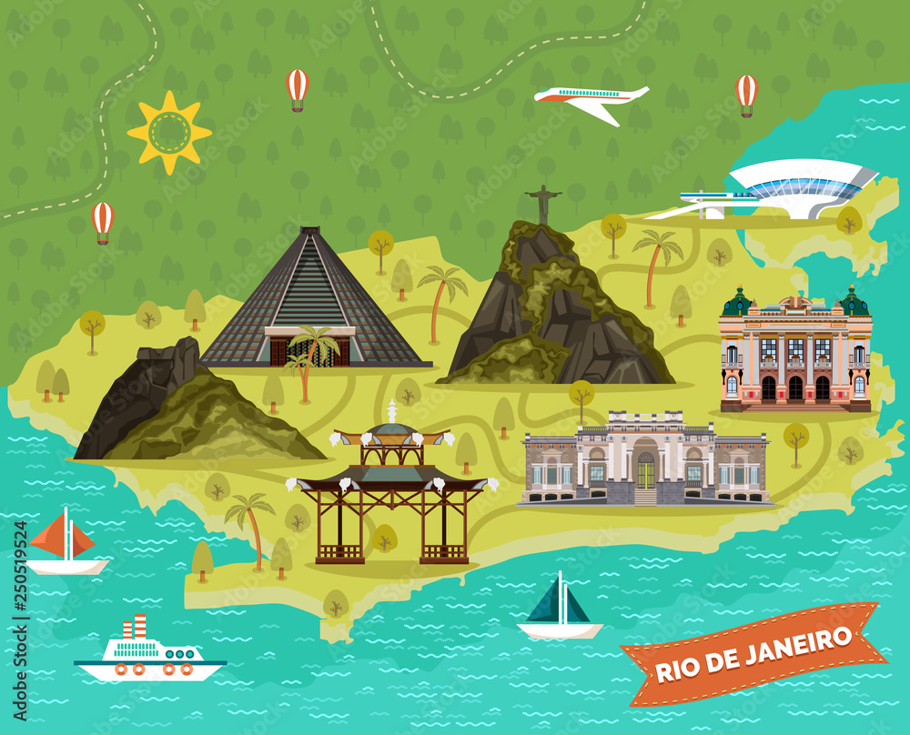 Rio de Janeiro, Brazil city map with landmarks