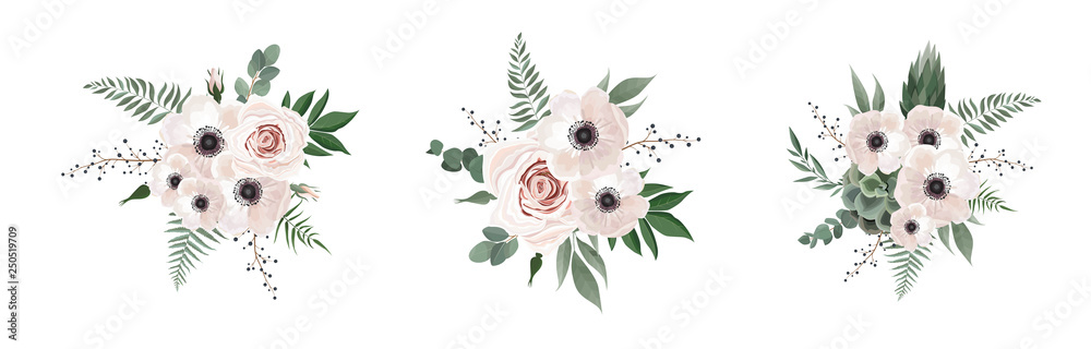 Obraz Vector floral bouquet design anemone, Eucalyptus branch . Wedding vector invite card Watercolor designer element set.