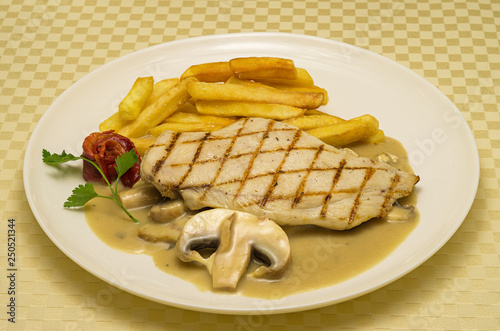 Chicken steak. Chicken steak with roasted potatoes and mushroom sauce. Chicken steak is served with a piece of mushroom and red roasted pepper for decoration. Place on a white ceramic plate.