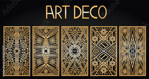 Golden abstract geometric background. Art deco style, trendy vintage design element. Gold grille on a black background. Gold art deco panels. Gatsby style. Set retro pattern