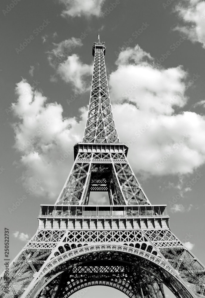 bottom view of Eiffel Tower in black and white