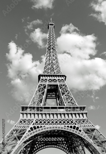 bottom view of Eiffel Tower in black and white