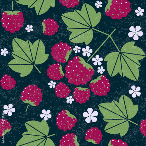 Raspberry seamless pattern. Raspberries with leaves and flowers on shabby background. Original simple flat illustration. Shabby style.