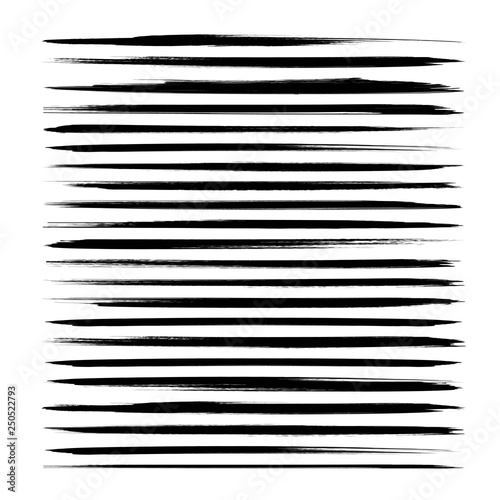 Abstract textured thin long black ink strokes set isolated on a white background