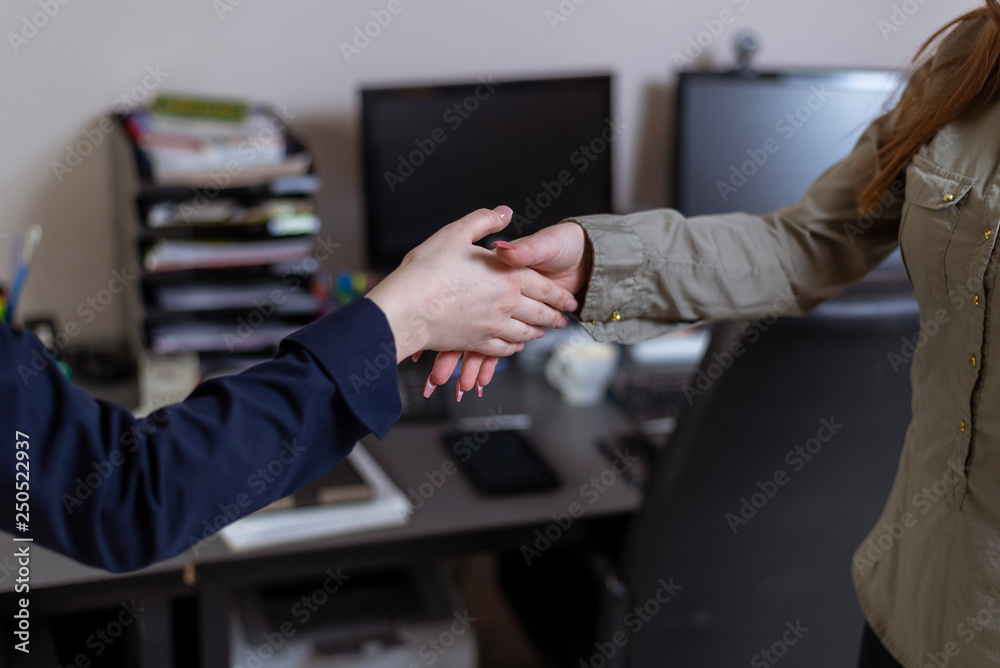 Two women handshake in the office Two women handshake in the office