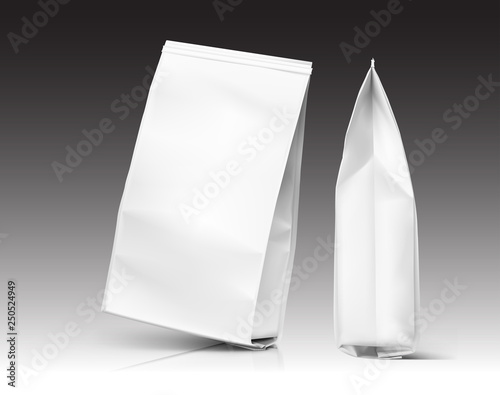 Food bags mockup. Front and side view. Vector illustration. Can be use for template your design, presentation, promo, ad. Taking your 2D designs into 3D. EPS10.	
