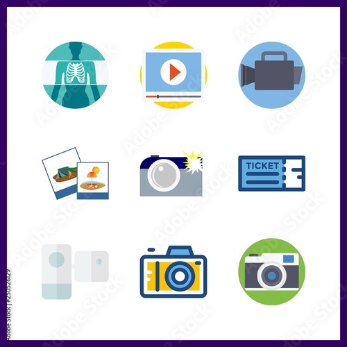 9 film icon. Vector illustration film set. ticket and video camera icons for film works