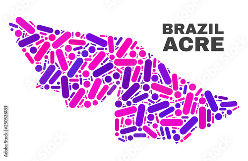 Mosaic Acre State map isolated on a white background. Vector geographic abstraction in pink and violet colors. Mosaic of Acre State map combined of scattered circle points and lines.