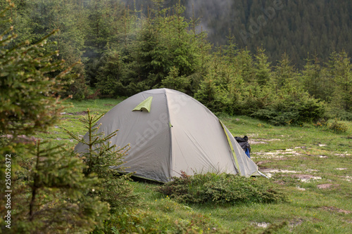 Camping tent set in the meadow.